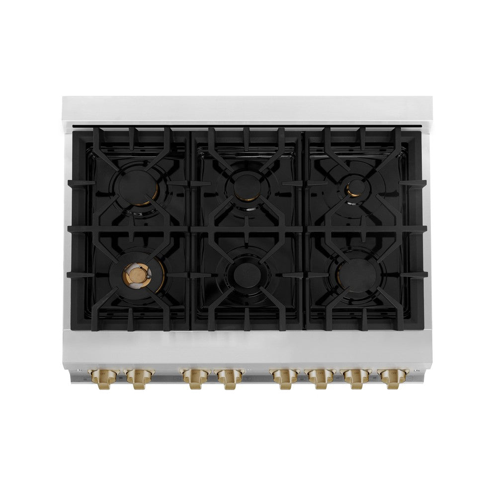 ZLINE Autograph Edition Legacy 36-inch range in stainless steel with white matte door and champagne bronze accents RAZ-WM-36-CB, from above