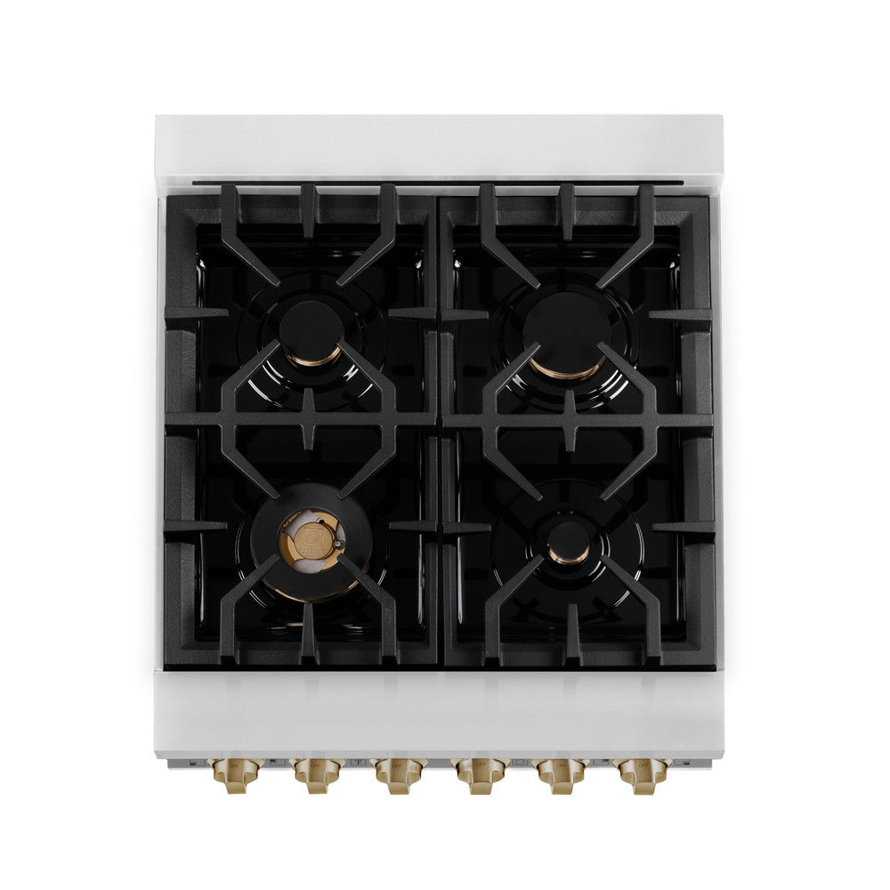 ZLINE Autograph Edition Legacy 24-inch range in stainless steel with white matte door and champagne bronze accents RAZ-WM-24-CB, from above