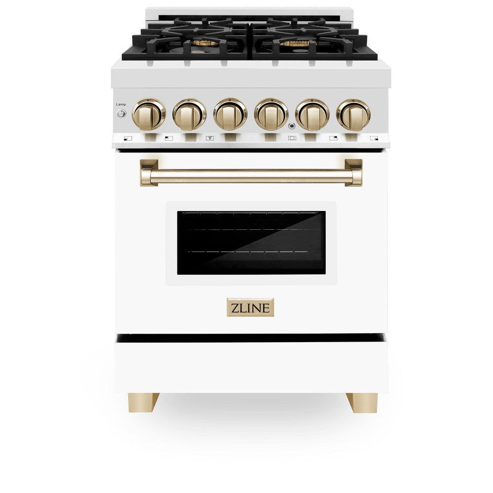 ZLINE Autograph Edition Legacy 24-inch range in stainless steel with white matte door and polished gold accents RAZ-WM-24-G, front view