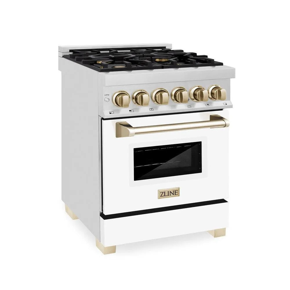 ZLINE Autograph Edition Legacy 24-inch range in stainless steel with white matte door and polished gold accents RAZ-WM-24-G