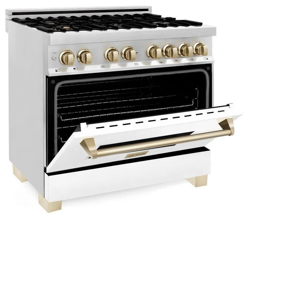 ZLINE Autograph Edition Legacy 36-inch range in stainless steel with white matte door and polished gold accents RAZ-WM-36-G, door open