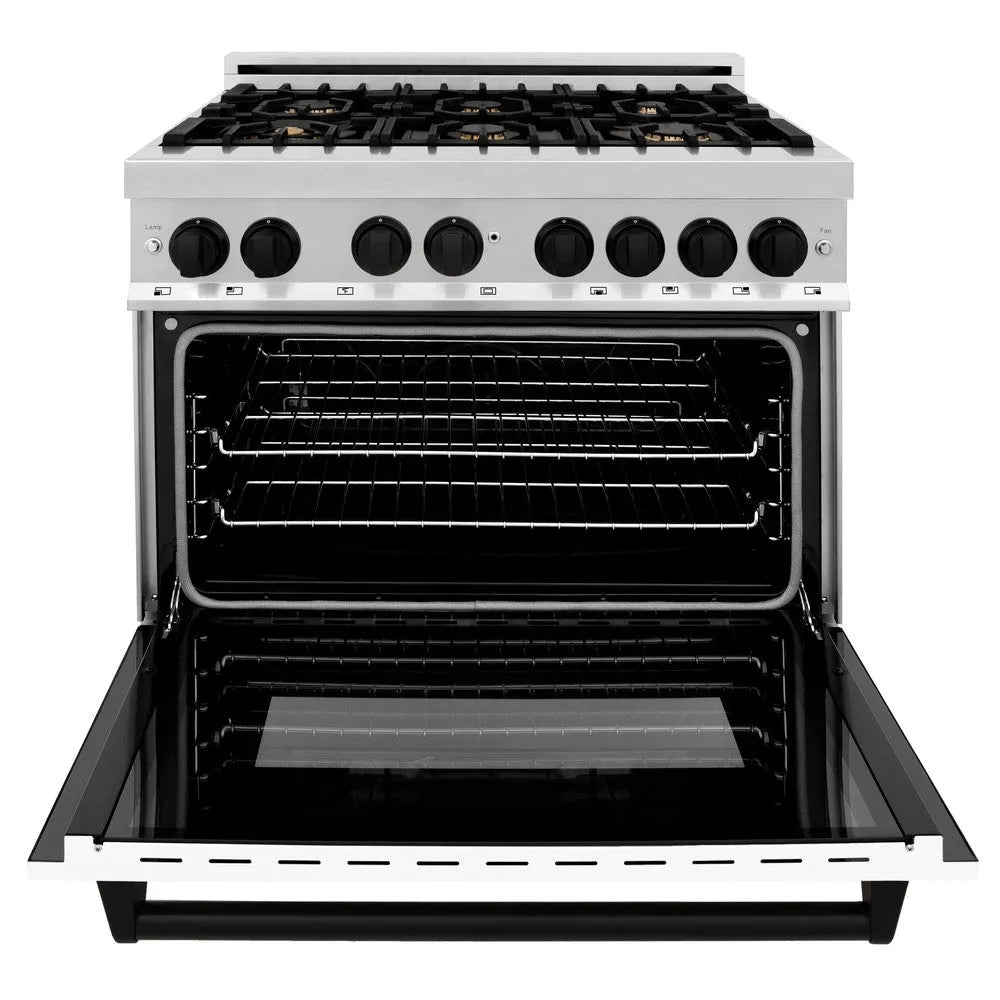 ZLINE Autograph Edition Legacy 36-inch range in stainless steel with white matte door and matte black accents RAZ-WM-36-MB, front view