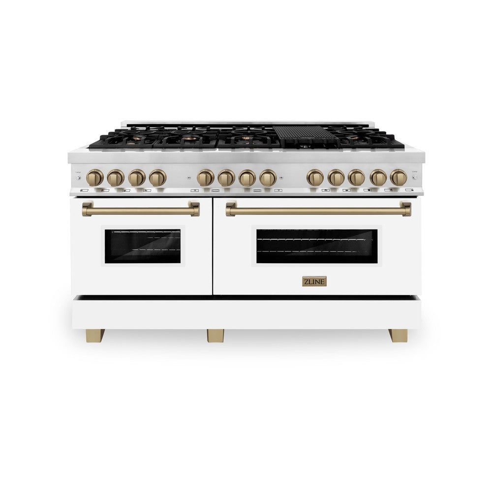 ZLINE Autograph Edition Legacy 60-inch range in stainless steel with white matte door and champagne bronze accents RAZ-WM-60-CB, front view