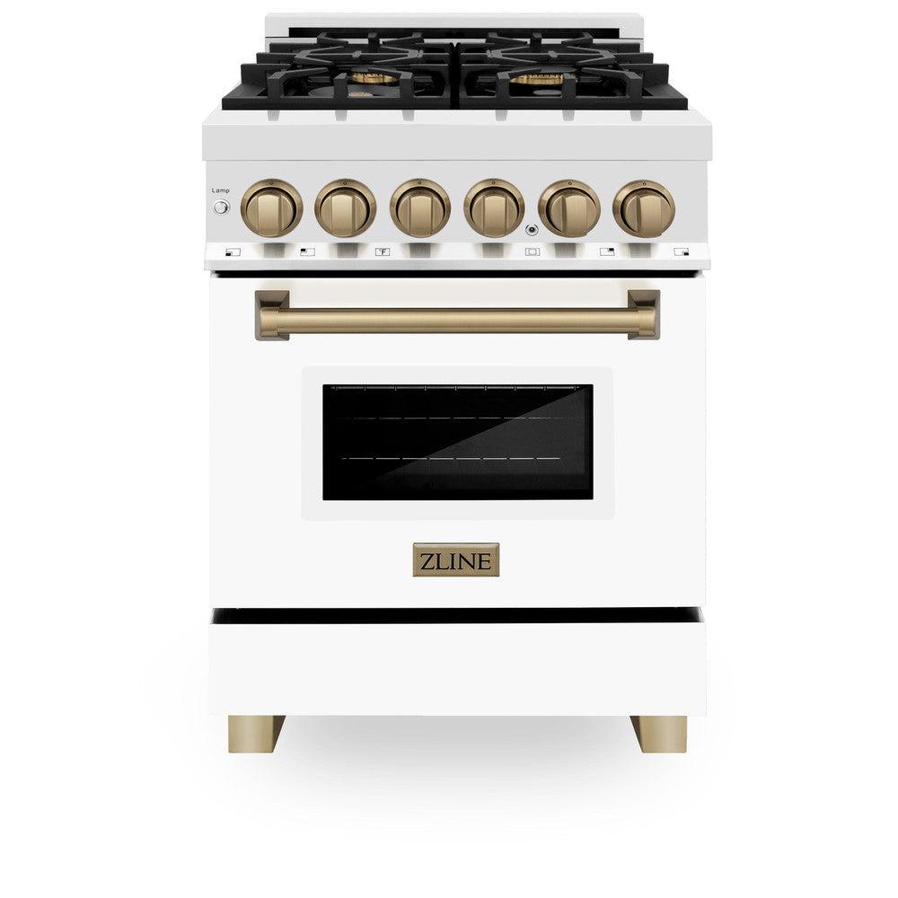 ZLINE Autograph Edition Legacy 24-inch range in stainless steel with white matte door and champagne bronze accents RAZ-WM-24-CB, front view
