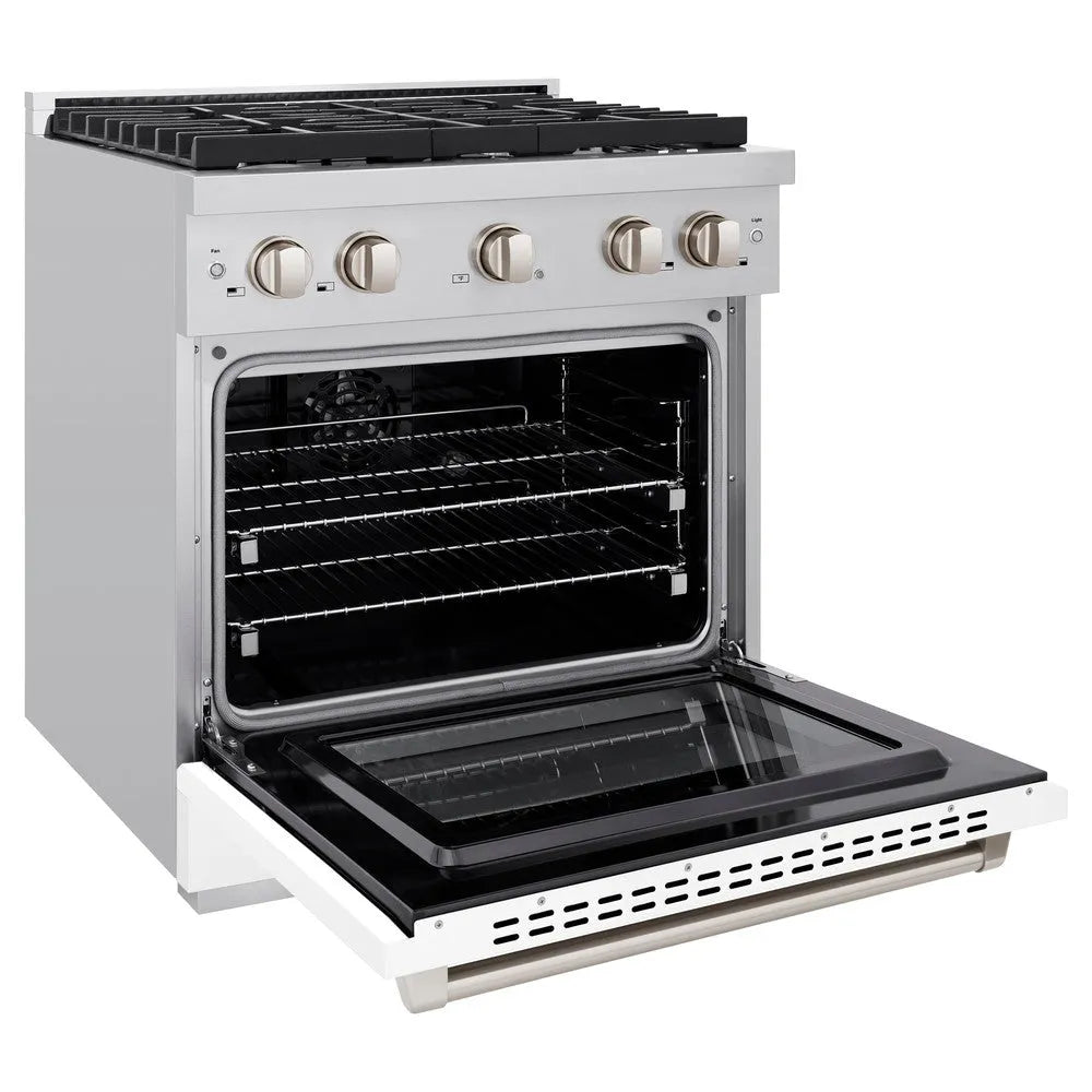ZLINE Paramount 30-inch range in stainless steel with white matte door SDR-WM-30, door open