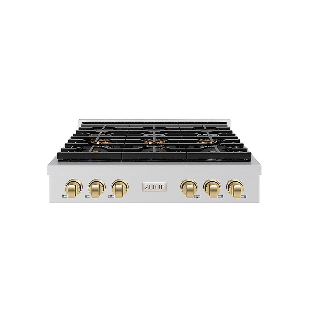 ZLINE Autograph Edition Paramount 36-inch rangetop in stainless steel and champagne bronze accents PSRTZ-36-CB, front view