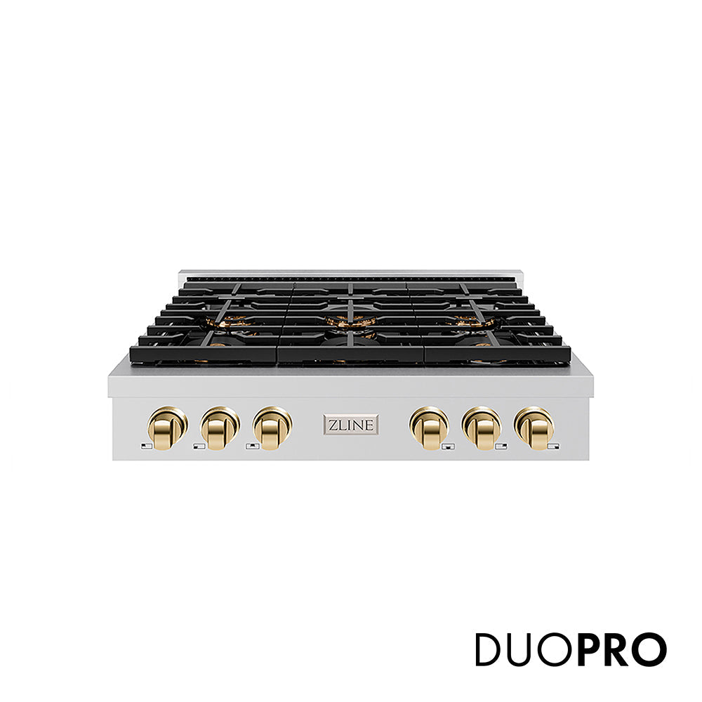 ZLINE Autograph Edition Paramount 36-inch rangetop in stainless steel and polished gold accents PSRTZ-36-G