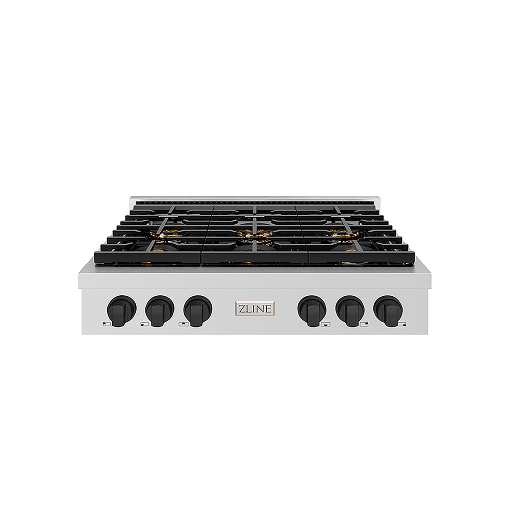 ZLINE Autograph Edition Paramount 36-inch rangetop in stainless steel and matte black accents PSRTZ-36-MB, front view