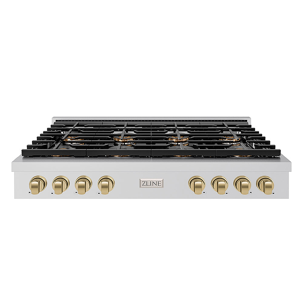ZLINE Autograph Edition Paramount 48-inch rangetop in stainless steel and champagne bronze accents PSRTZ-48-CB, front view