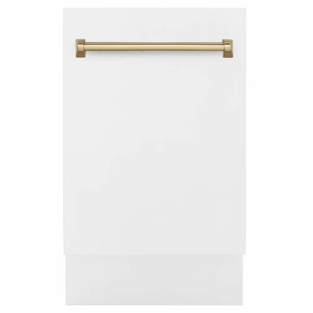 ZLINE Autograph Edition Tallac 18-inch dishwasher in white matte and champagne bronze accents DWVZ-WM-18-CB