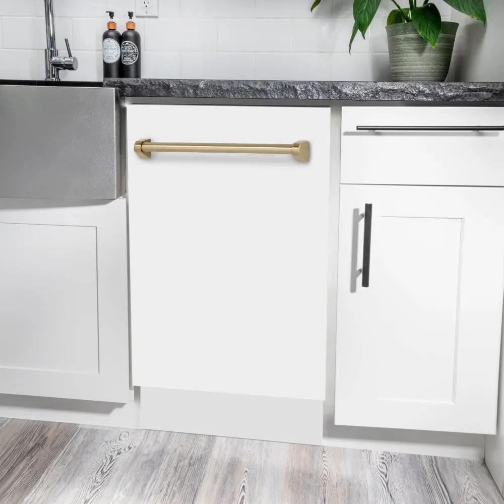 ZLINE Autograph Edition Tallac 18-inch dishwasher in white matte and champagne bronze accents DWVZ-WM-18-CB, detail