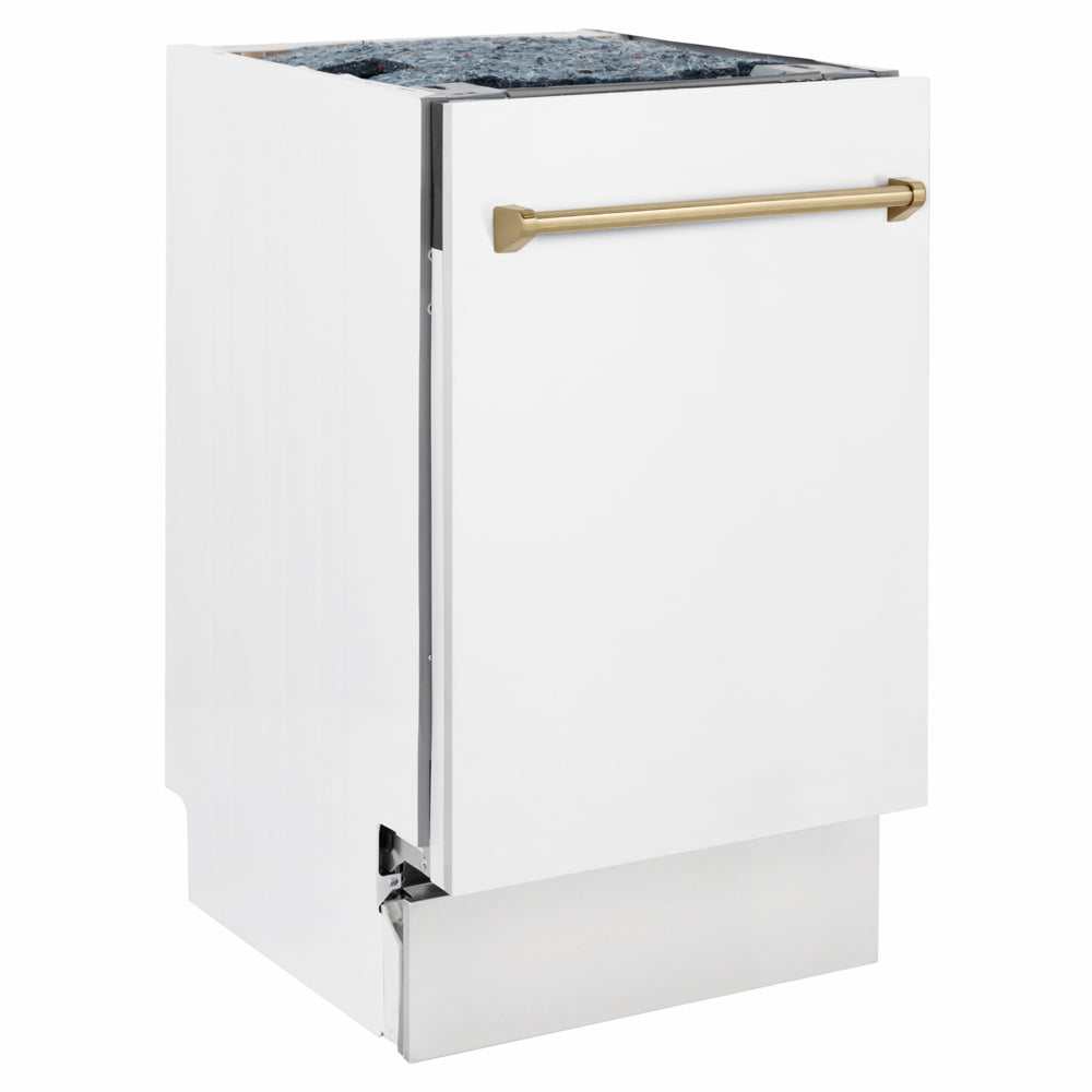 ZLINE Autograph Edition Tallac 18-inch dishwasher in white matte and champagne bronze accents DWVZ-WM-18-CB, side view