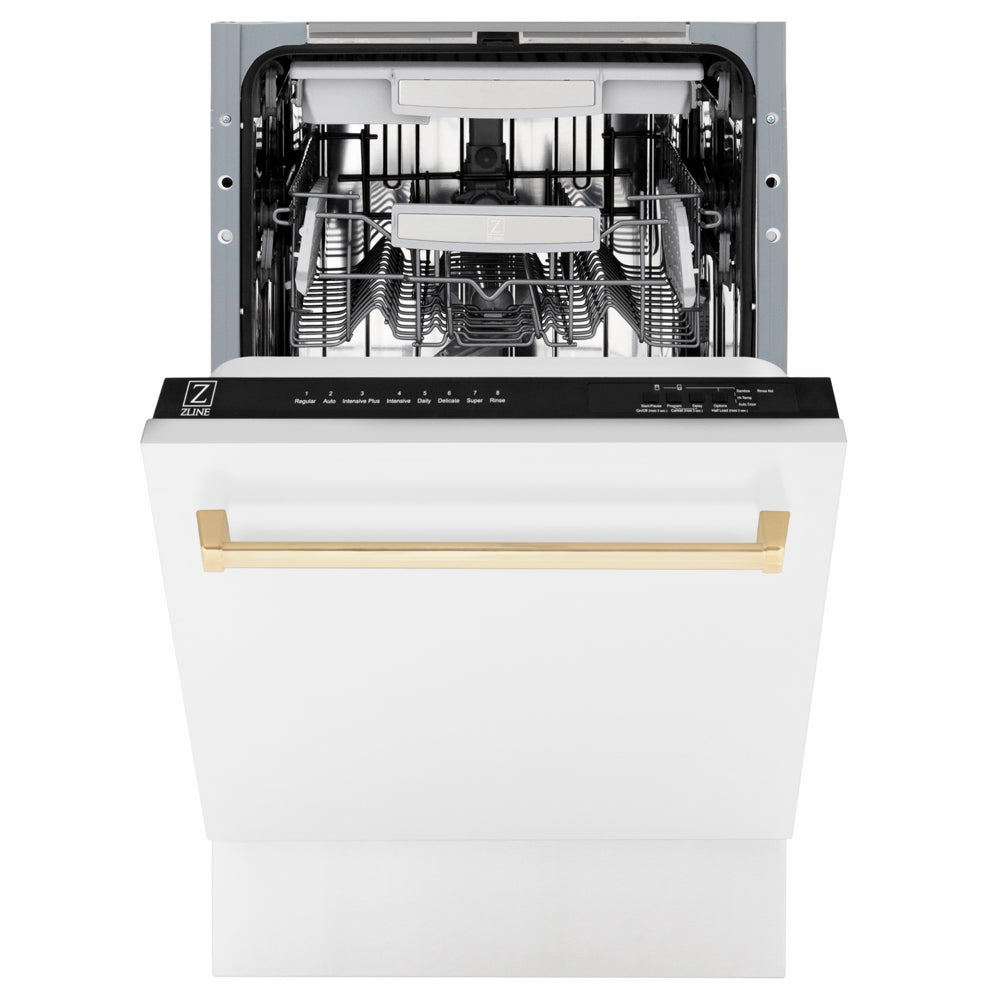ZLINE Autograph Edition Tallac 18-inch dishwasher in white matte and polished gold accents DWVZ-WM-18-G, front view