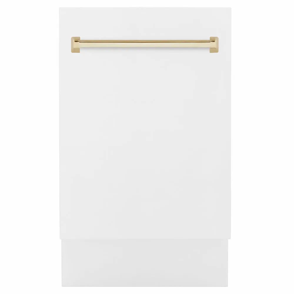 ZLINE Autograph Edition Tallac 18-inch dishwasher in white matte and polished gold accents DWVZ-WM-18-G