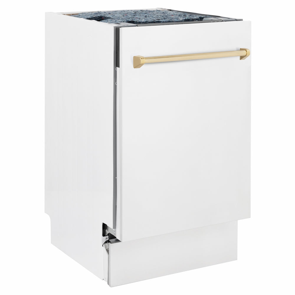 ZLINE Autograph Edition Tallac 18-inch dishwasher in white matte and polished gold accents DWVZ-WM-18-G, side view