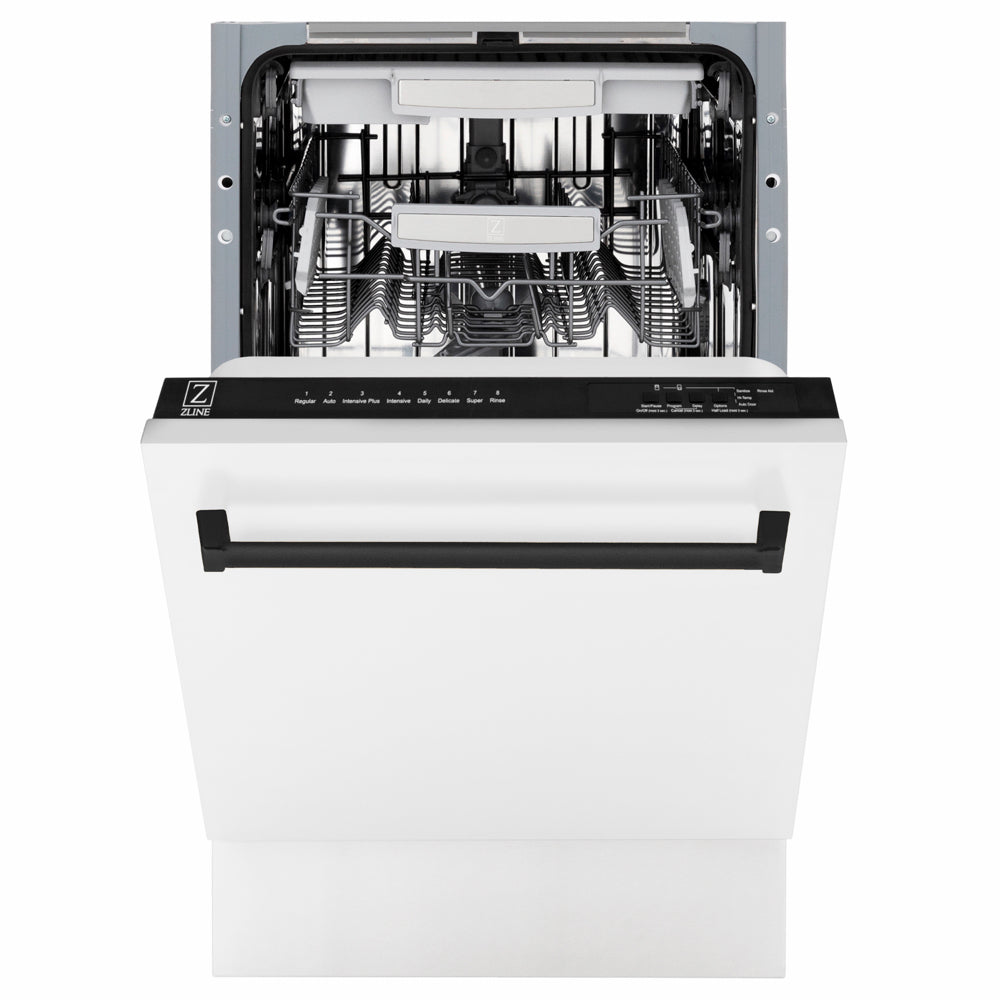 ZLINE Autograph Edition Tallac 18-inch dishwasher in white matte and matte black accents DWVZ-WM-18-MB, front view