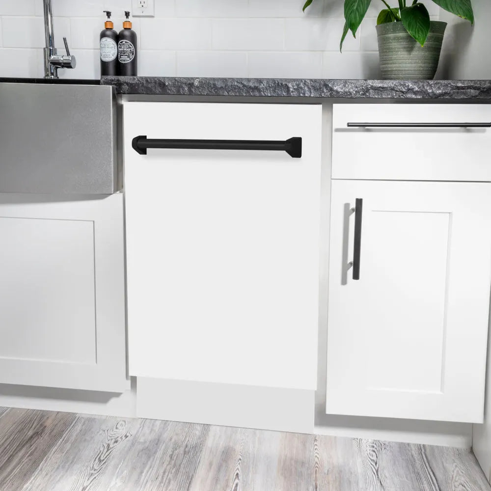 ZLINE Autograph Edition Tallac 18-inch dishwasher in white matte and matte black accents DWVZ-WM-18-MB, detail