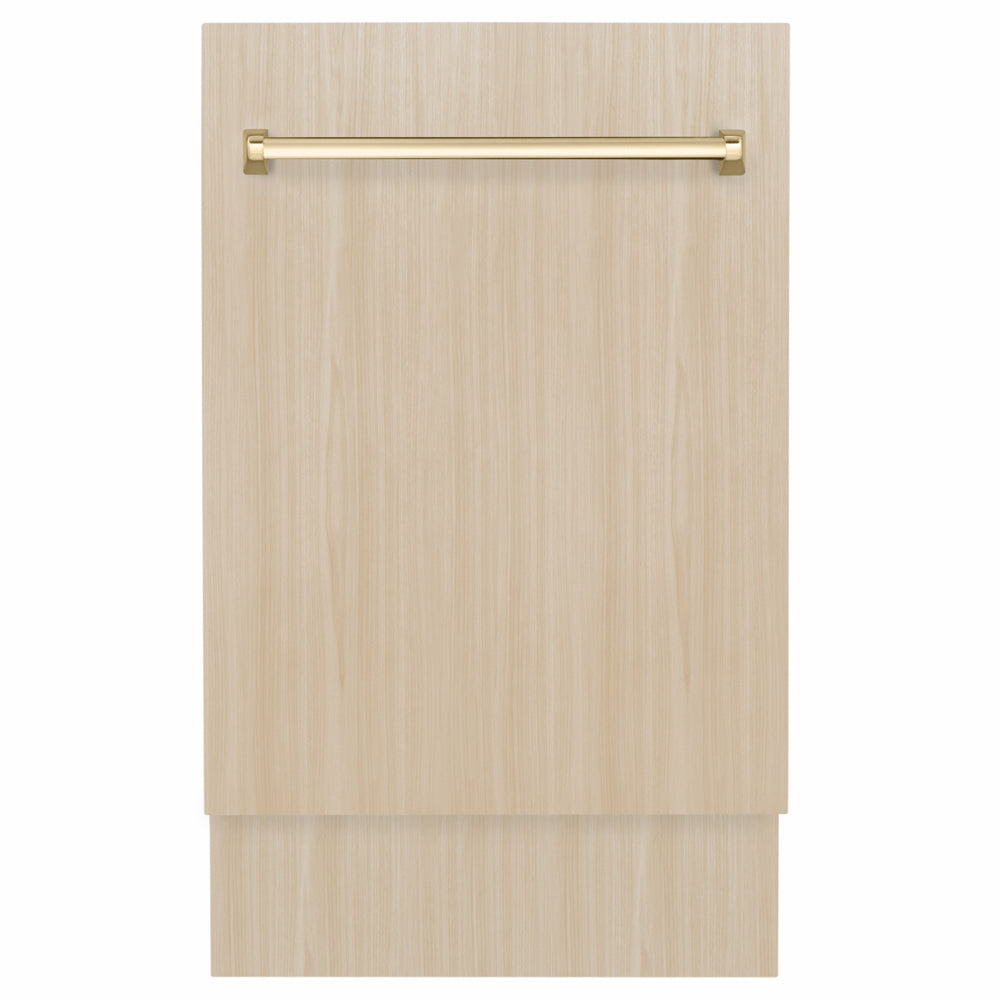 ZLINE Autograph Edition Tallac 18-inch dishwasher, panel ready and polished gold accents DWVZ-18-G, front view