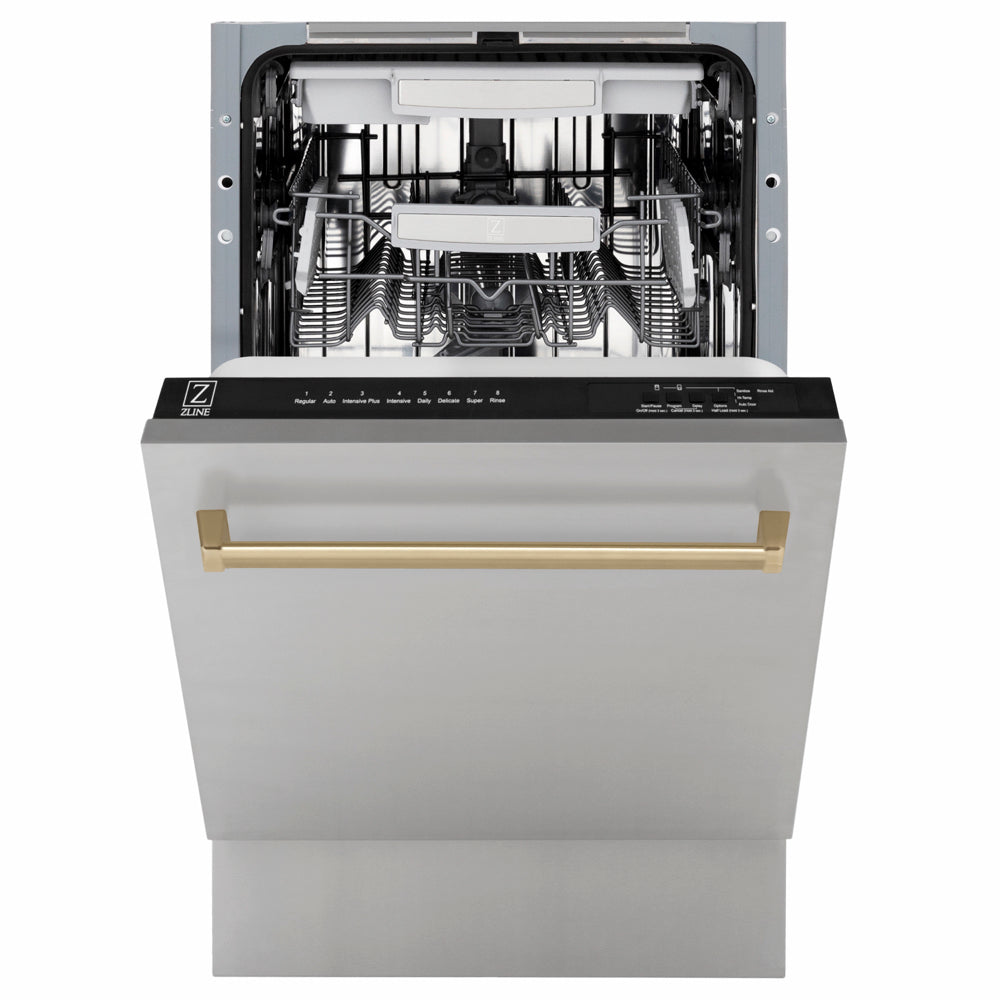 ZLINE Autograph Edition Tallac 18-inch dishwasher in stainless steel and champagne bronze accents DWVZ-304-18-CB, front view