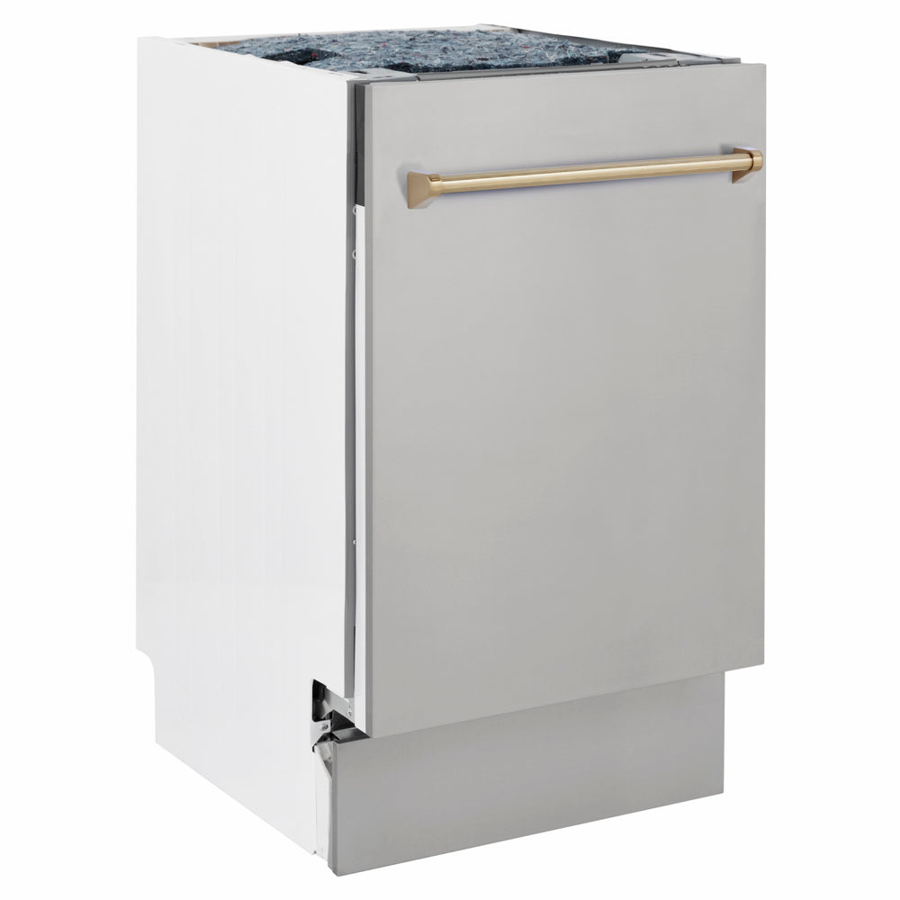 ZLINE Autograph Edition Tallac 18-inch dishwasher in stainless steel and champagne bronze accents DWVZ-304-18-CB, side view