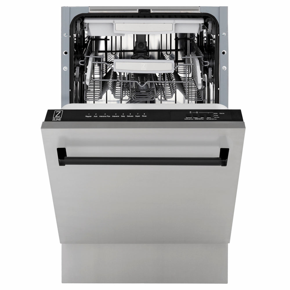 ZLINE Autograph Edition Tallac 18-inch dishwasher in stainless steel and matte black accents DWVZ-304-18-MB, front view