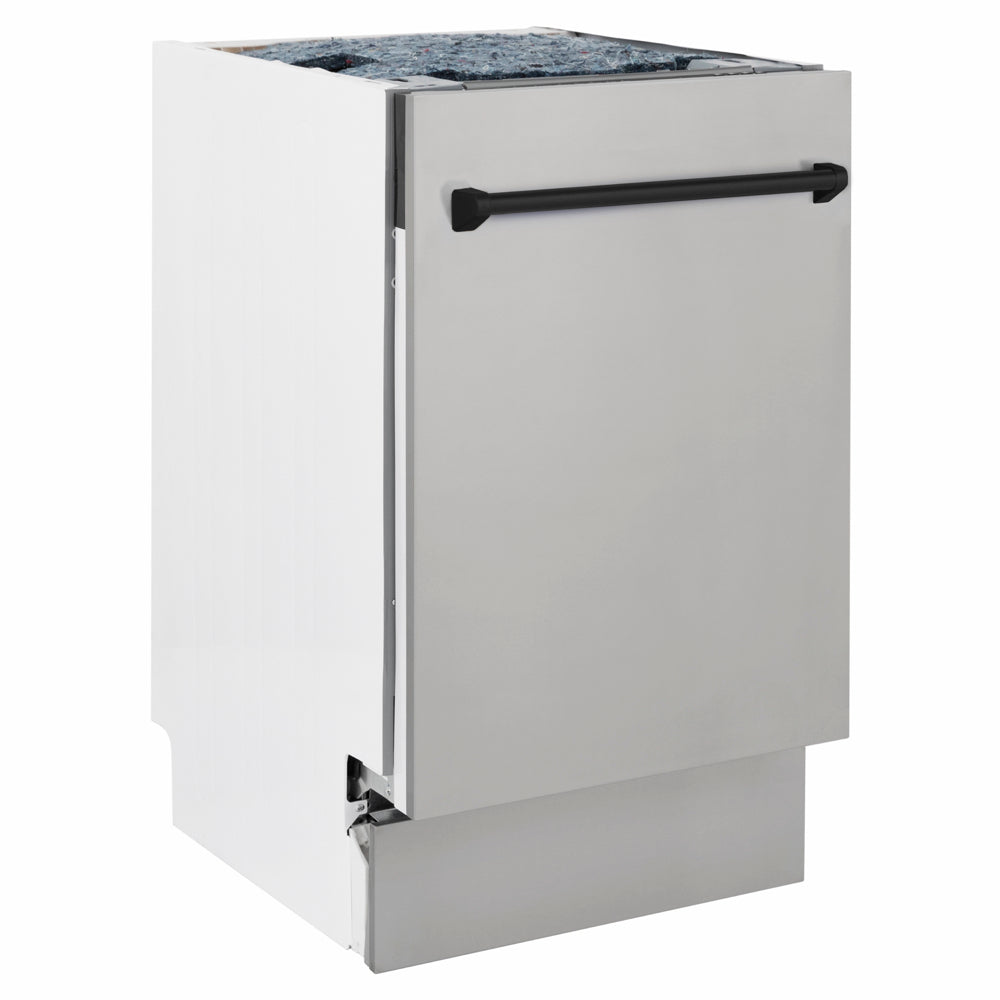 ZLINE Autograph Edition Tallac 18-inch dishwasher in stainless steel and matte black accents DWVZ-304-18-MB, side view