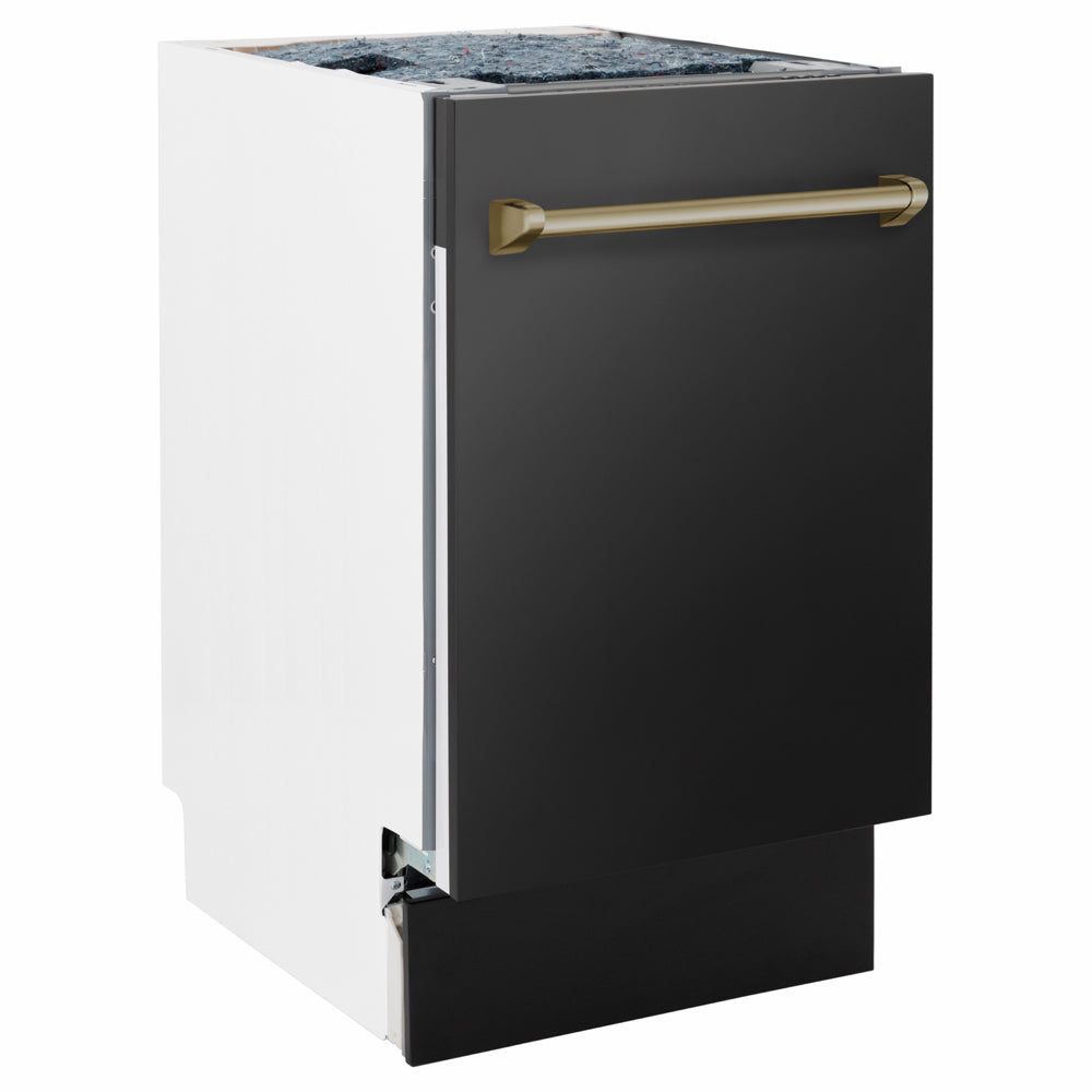 ZLINE Autograph Edition Tallac 18-inch dishwasher in black stainless steel and champagne bronze accents DWVZ-BS-18-CB, side view