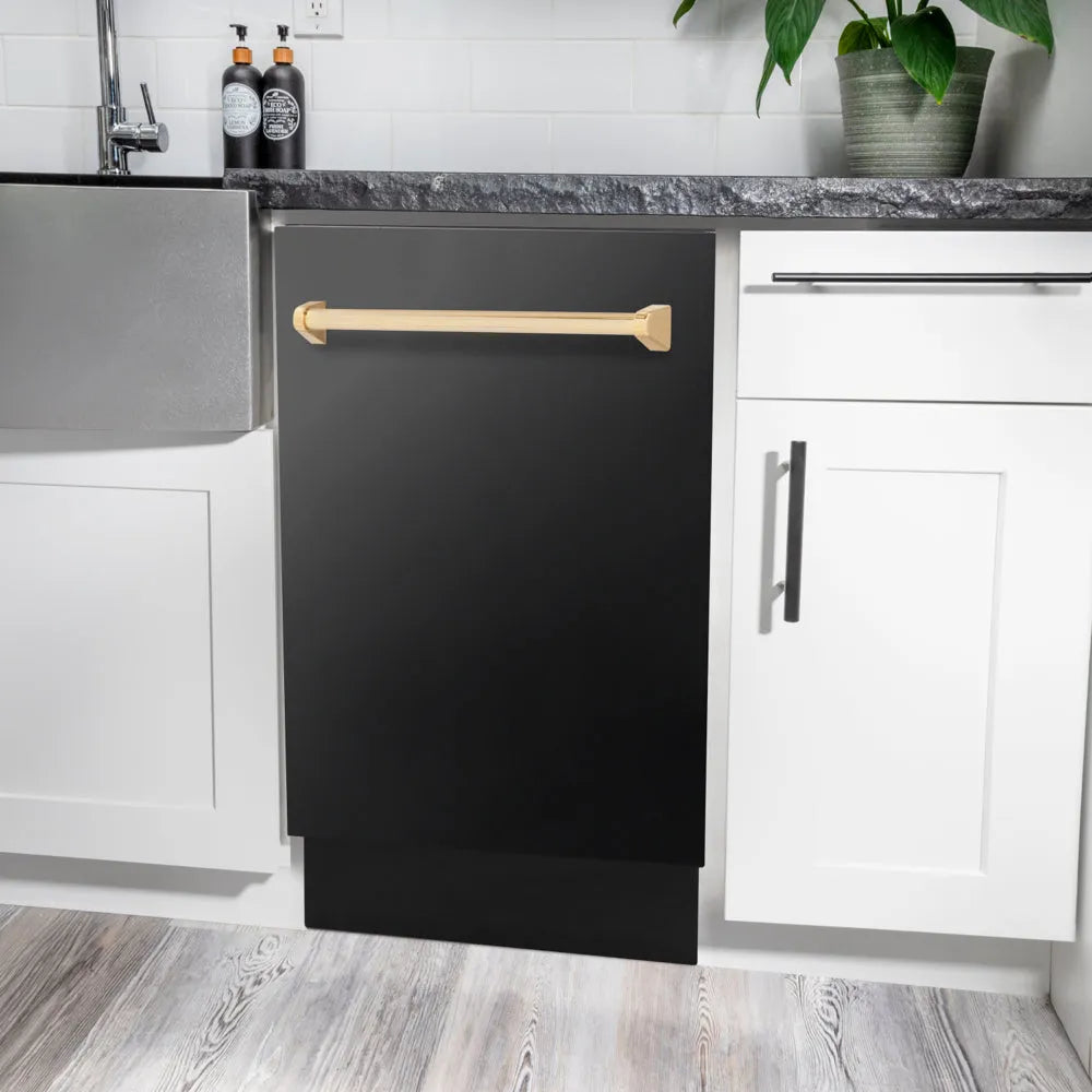 ZLINE Autograph Edition Tallac 18-inch dishwasher in black stainless steel and polished gold accents DWVZ-BS-18-G, detail