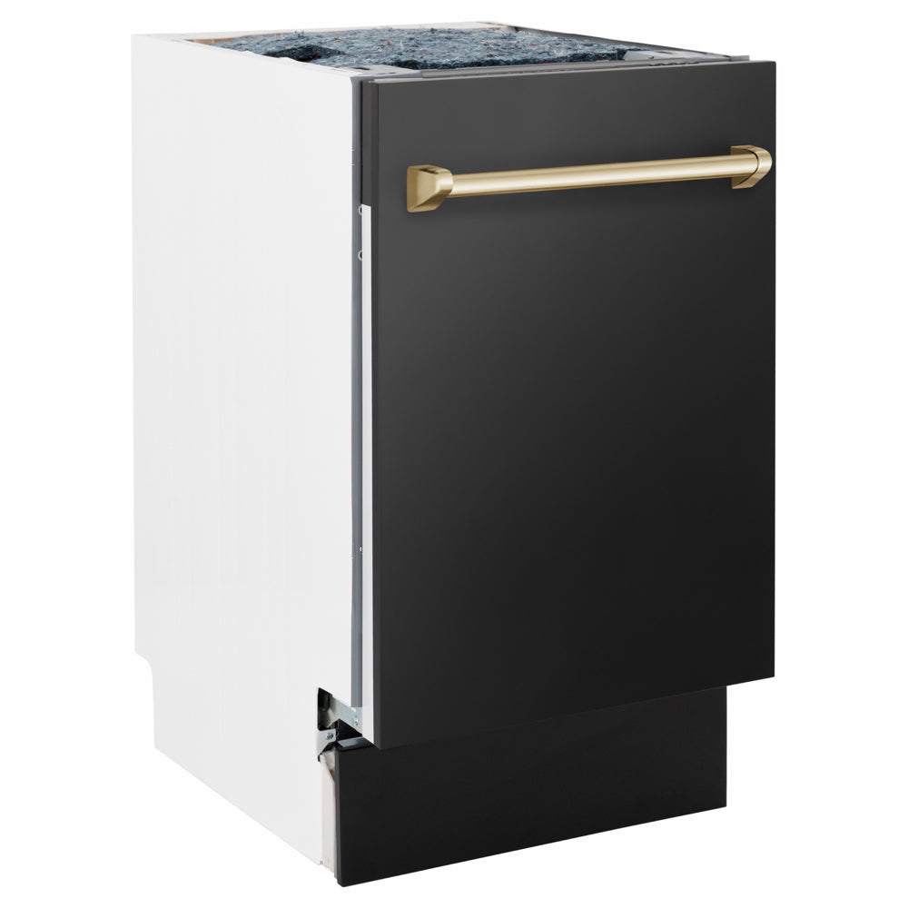 ZLINE Autograph Edition Tallac 18-inch dishwasher in black stainless steel and polished gold accents DWVZ-BS-18-G, side view