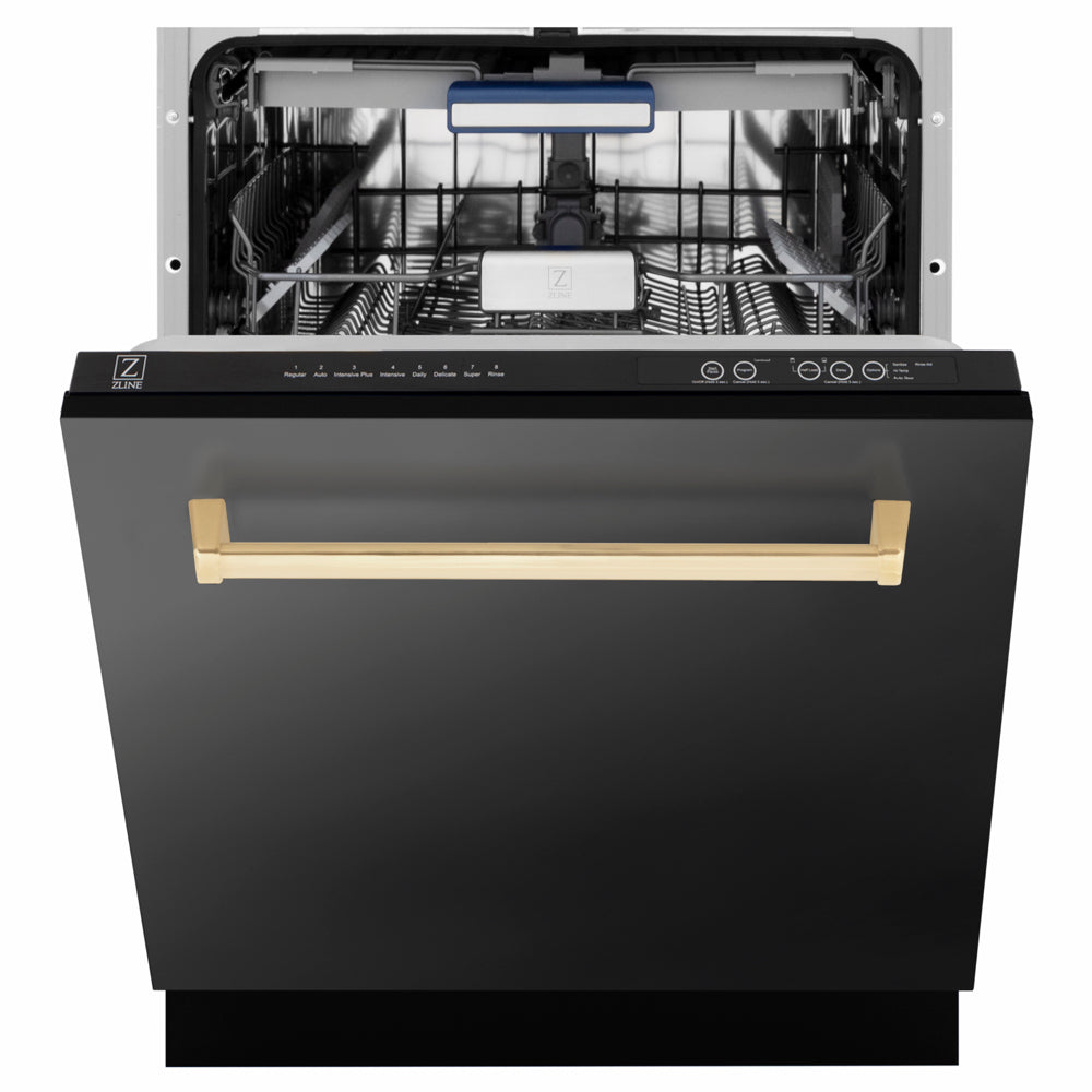 ZLINE Autograph Edition Tallac 24-inch dishwasher in black stainless steel and champagne bronze accents DWVZ-BS-24-CB, front view