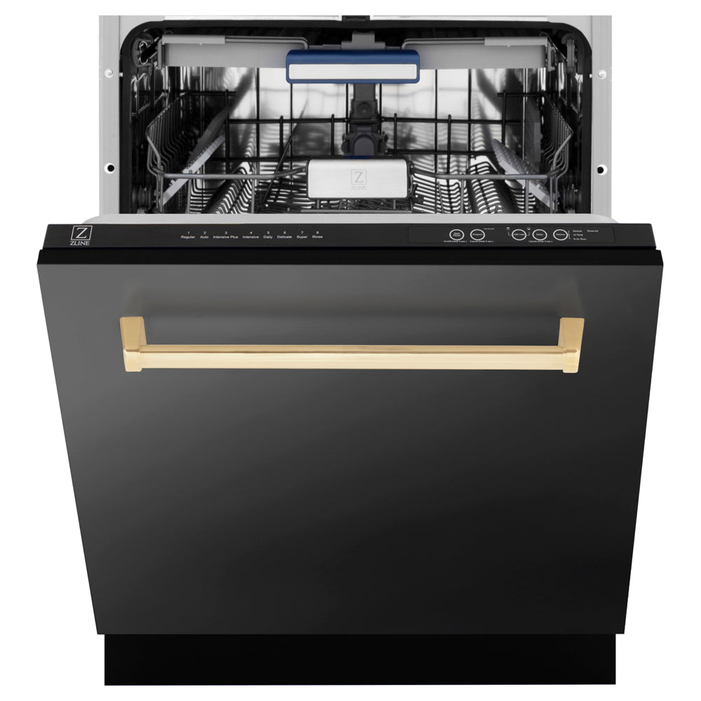 ZLINE Autograph Edition Tallac 24-inch dishwasher in black stainless steel and polished gold accents DWVZ-BS-24-G, front view