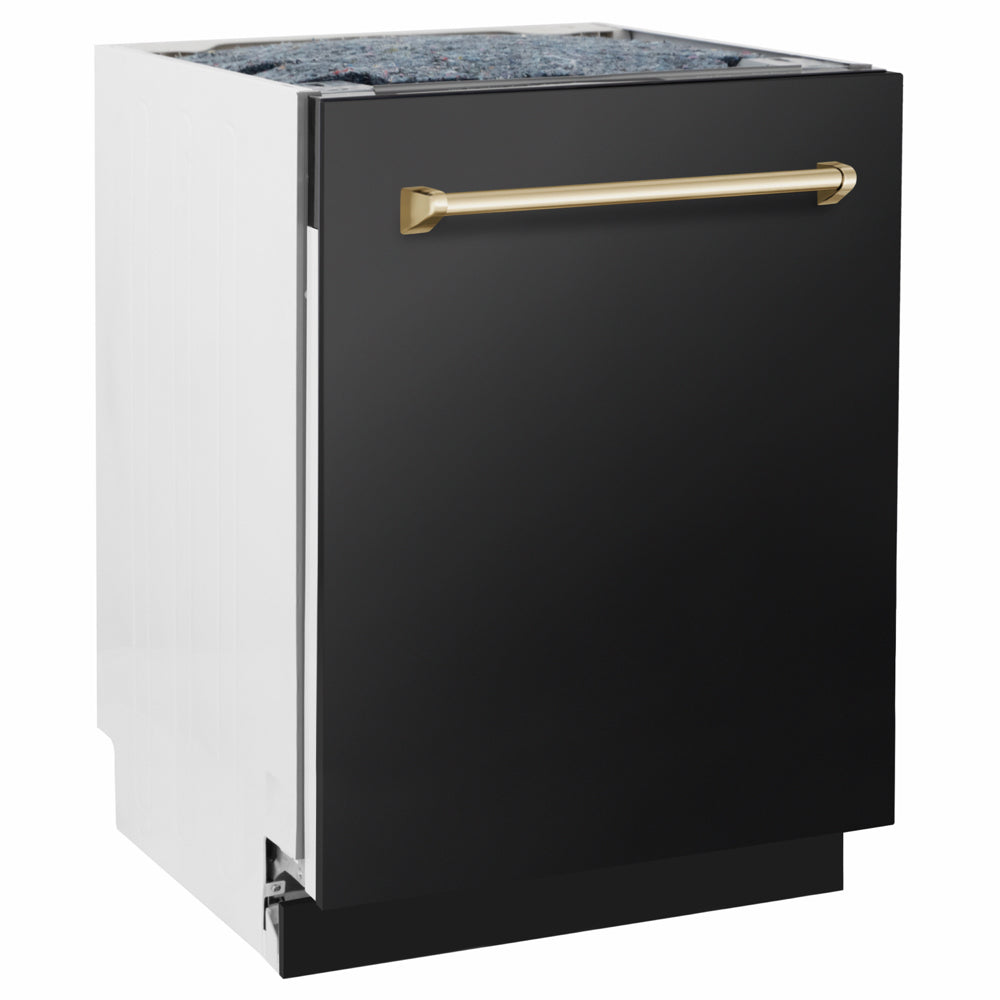 ZLINE Autograph Edition Tallac 24-inch dishwasher in black stainless steel and polished gold accents DWVZ-BS-24-G, side view