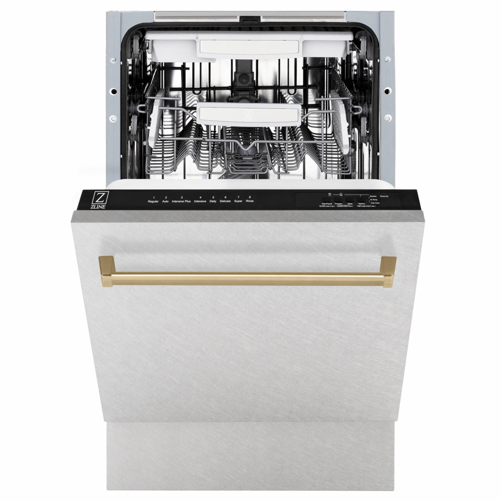 ZLINE Autograph Edition Tallac 18-inch dishwasher in satin stainless steel and champagne bronze accents DWVZ-SN-18-CB, front view