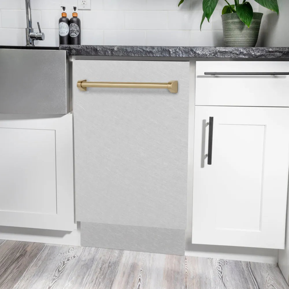 ZLINE Autograph Edition Tallac 18-inch dishwasher in satin stainless steel and champagne bronze accents DWVZ-SN-18-CB, detail