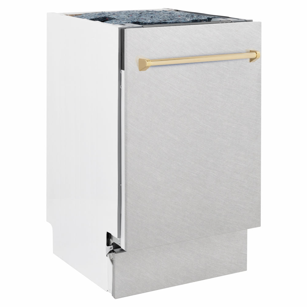 ZLINE Autograph Edition Tallac 18-inch dishwasher in satin stainless steel and polished gold accents DWVZ-SN-18-G, side view