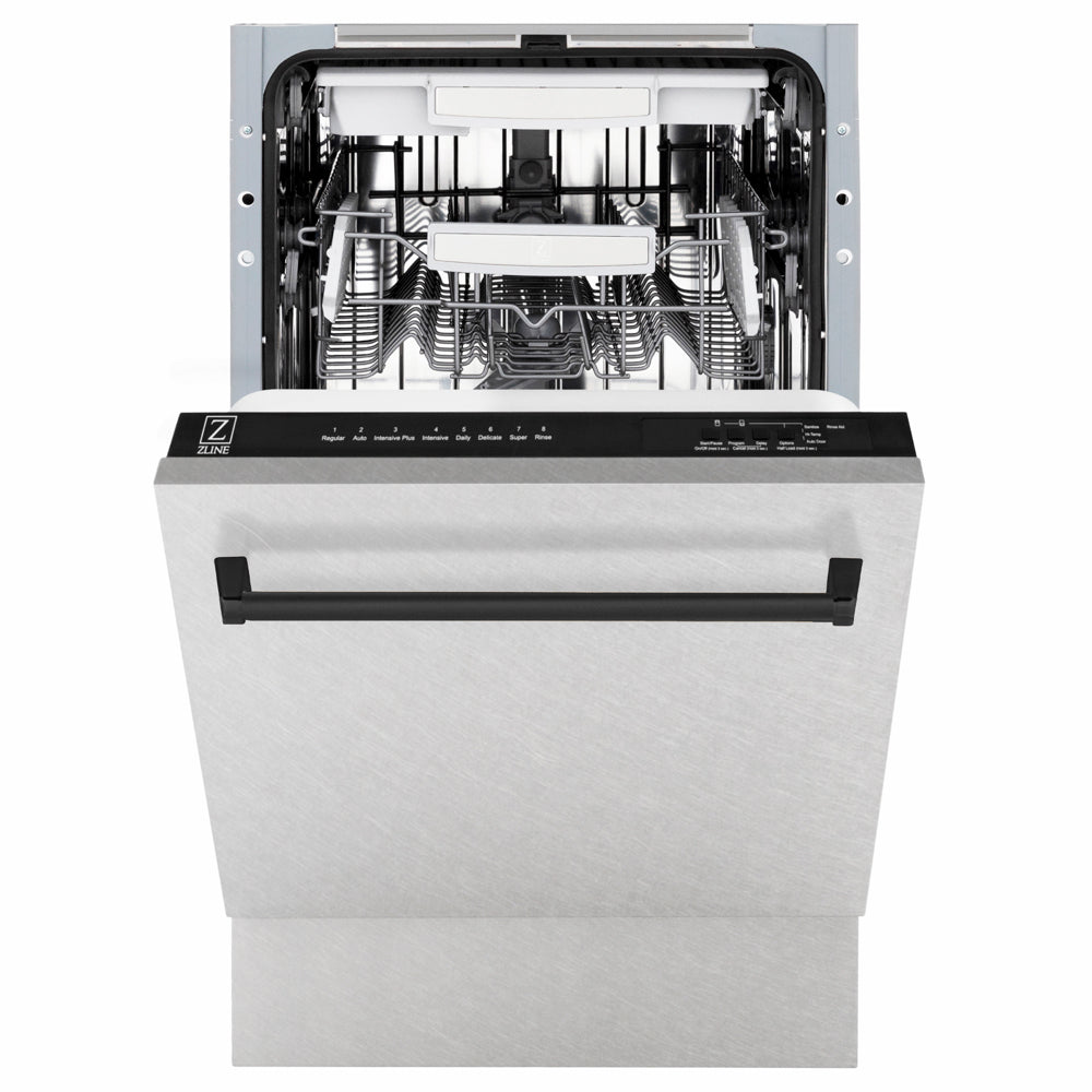 ZLINE Autograph Edition Tallac 18-inch dishwasher in satin stainless steel and matte black accents DWVZ-SN-18-MB, front view
