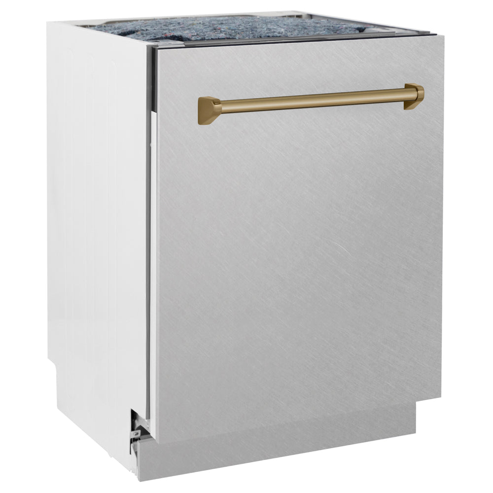 ZLINE Autograph Edition Tallac 24-inch dishwasher in satin stainless steel and champagne bronze accents DWVZ-SN-24-CB, side view