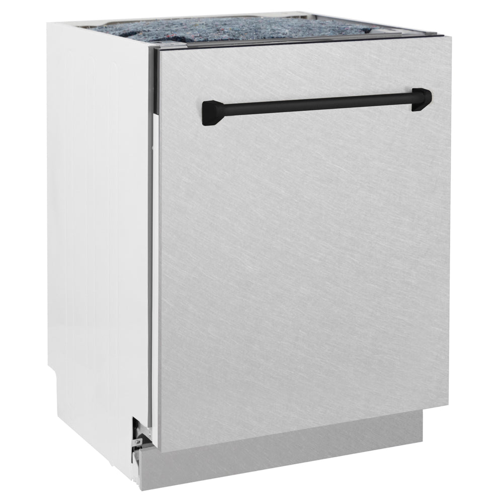 ZLINE Autograph Edition Tallac 24-inch dishwasher in satin stainless steel and matte black accents DWVZ-SN-24-MB, side view