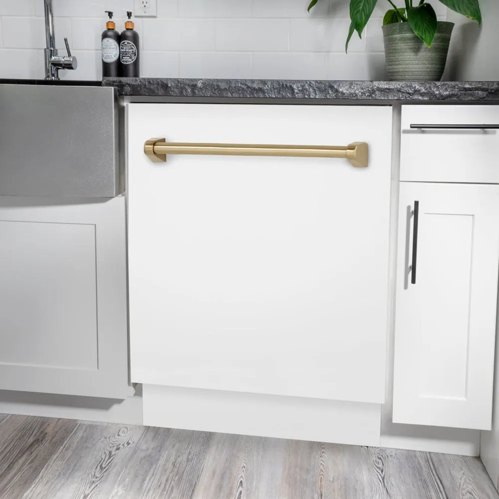 ZLINE Autograph Edition Tallac 24-inch dishwasher in white matte and champagne bronze accents DWVZ-WM-24-CB, detail