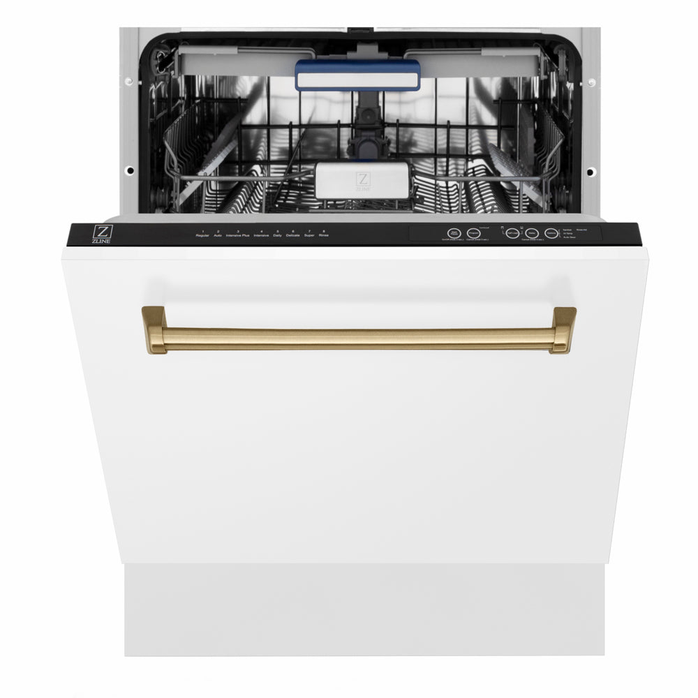 ZLINE Autograph Edition Tallac 24-inch dishwasher in white matte and champagne bronze accents DWVZ-WM-24-CB, front view