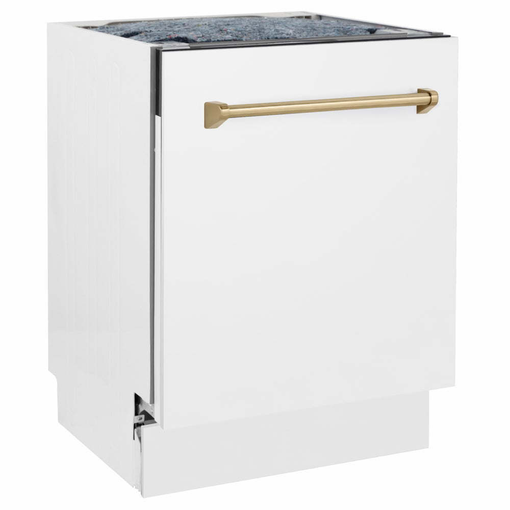ZLINE Autograph Edition Tallac 24-inch dishwasher in white matte and champagne bronze accents DWVZ-WM-24-CB, side view
