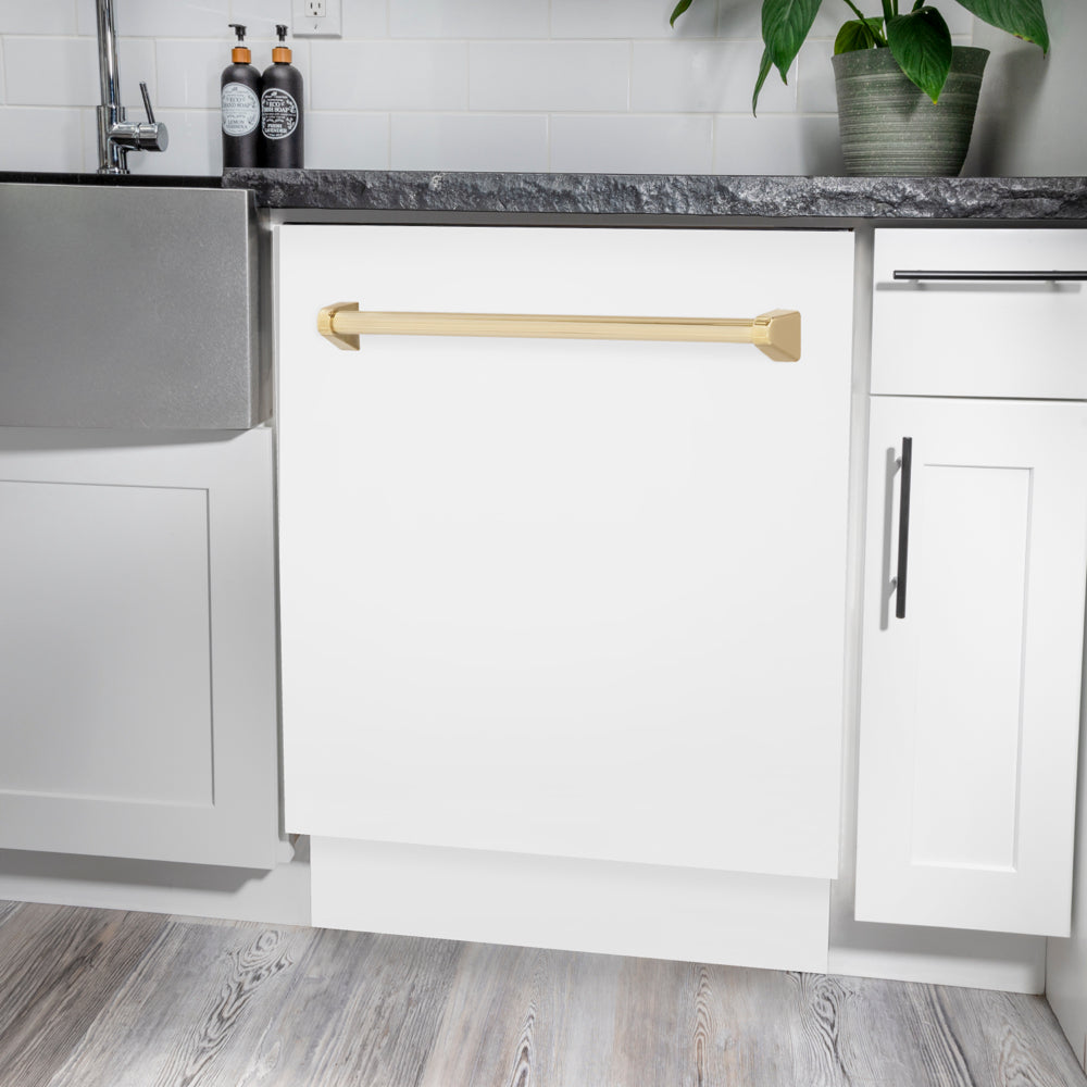 ZLINE Autograph Edition Tallac 24-inch dishwasher in white matte and polished gold accents DWVZ-WM-24-G, detail