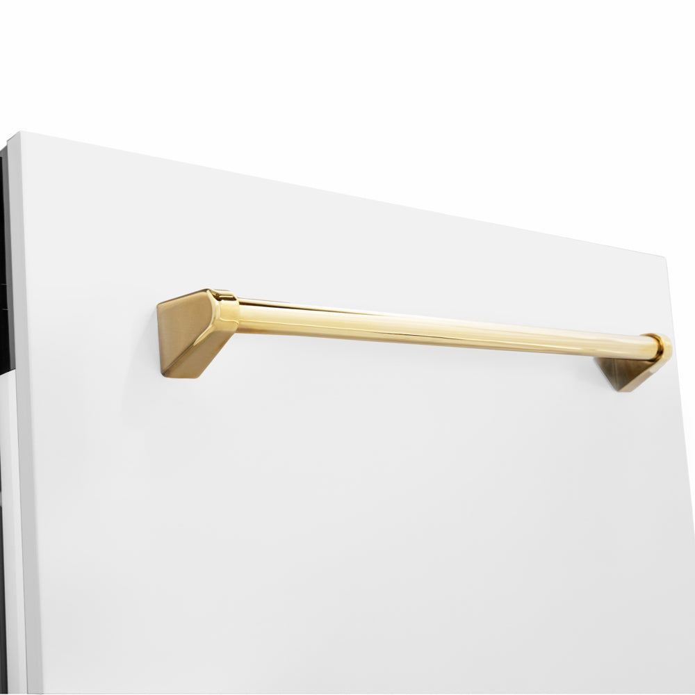 ZLINE Autograph Edition Tallac 24-inch dishwasher in white matte and polished gold accents DWVZ-WM-24-G, detail