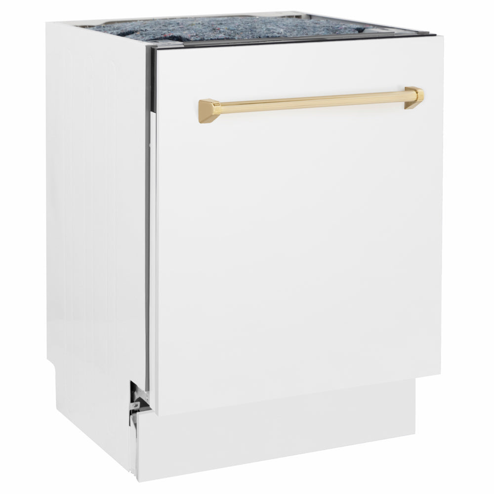 ZLINE Autograph Edition Tallac 24-inch dishwasher in white matte and polished gold accents DWVZ-WM-24-G, side view