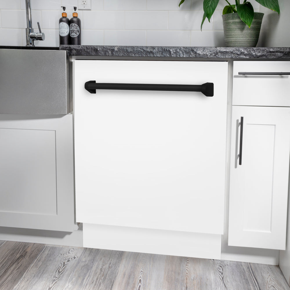 ZLINE Autograph Edition Tallac 24-inch dishwasher in white matte and matte black accents DWVZ-WM-24-MB, detail