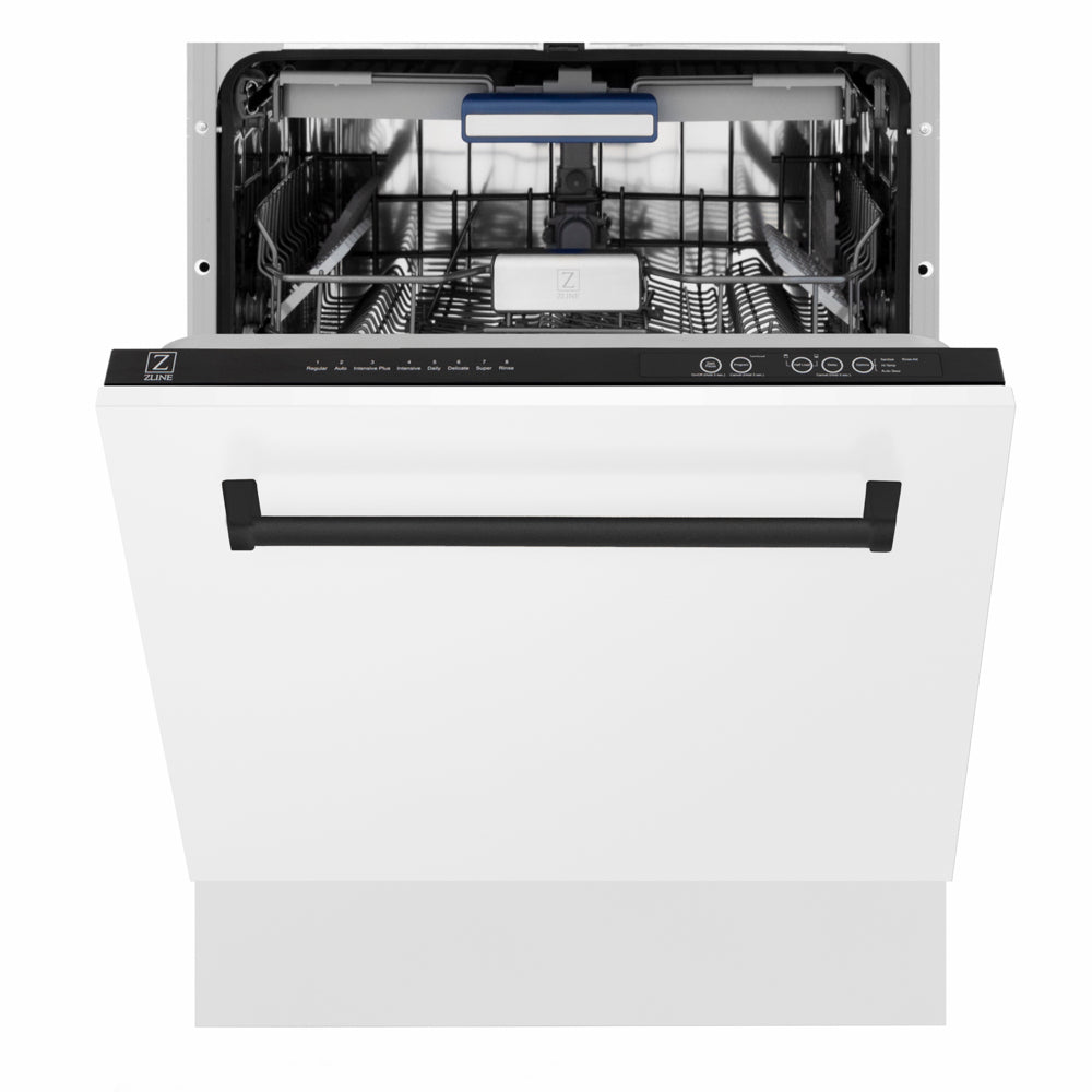 ZLINE Autograph Edition Tallac 24-inch dishwasher in white matte and matte black accents DWVZ-WM-24-MB, front view
