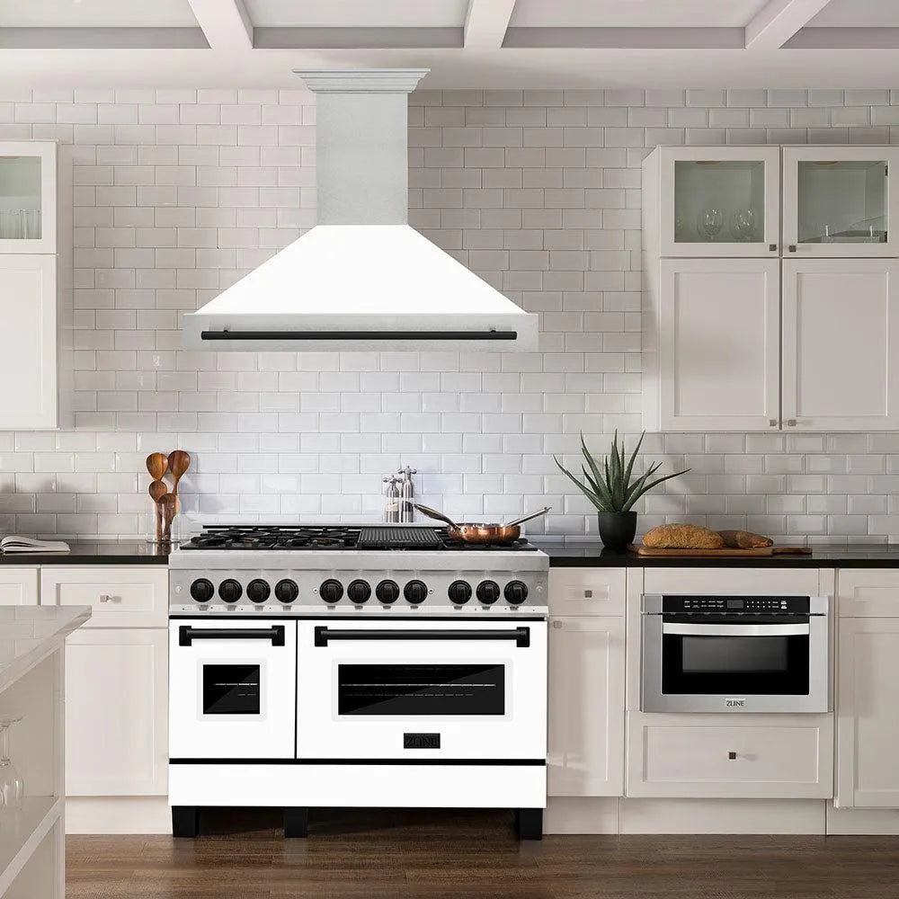 ZLINE Autograph Edition 48-inch range hood in satin stainless steel and matte black accents 8654SNZ-WM48-MB, view 2