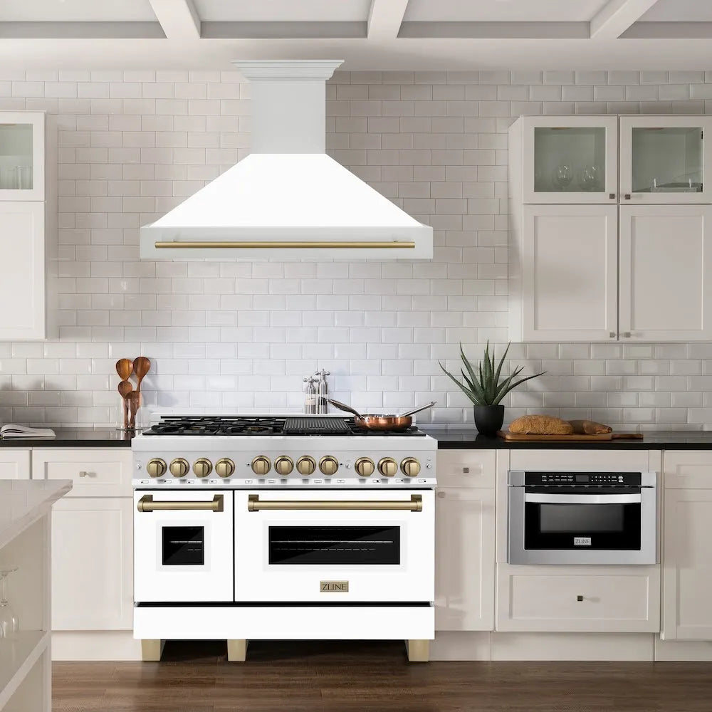 ZLINE Autograph Edition 48-inch range hood in white matte and champagne bronze accents 8654STZ-WM48-CB, view 2