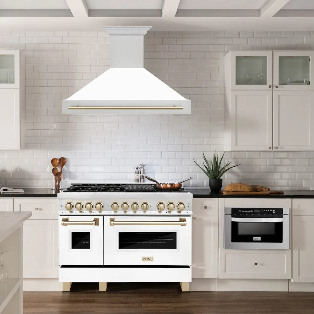 ZLINE Autograph Edition 48-inch range hood in white matte and polished gold accents 8654STZ-WM48-G, view 2