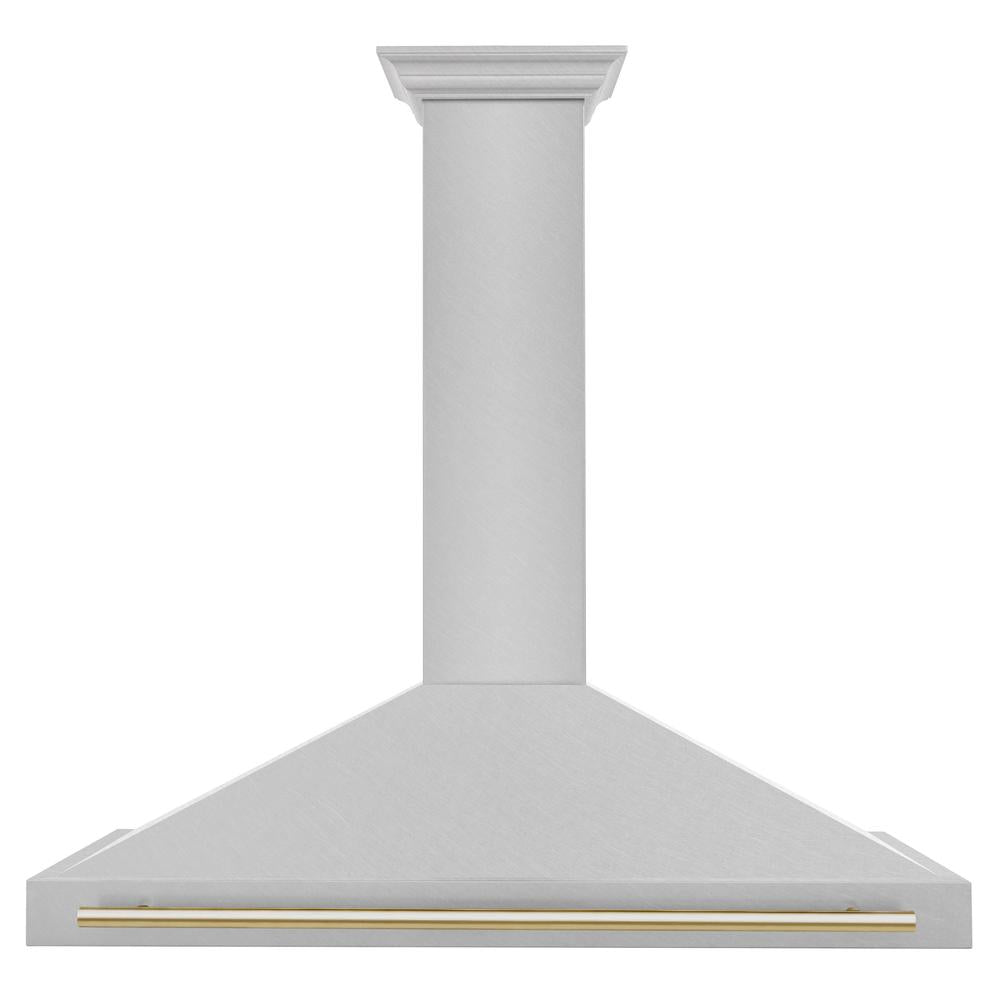 ZLINE Autograph Edition 48-inch range hood in satin stainless steel and polished gold accents KB4SNZ-48-G, front view